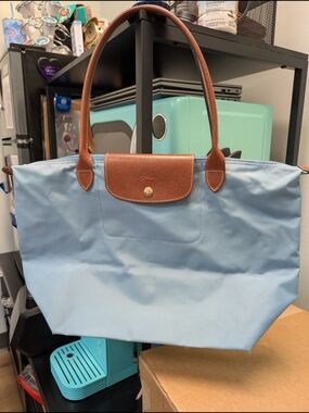 Longchamp Large Le Pliage Nylon Tote in Light Blue with Brown Leather